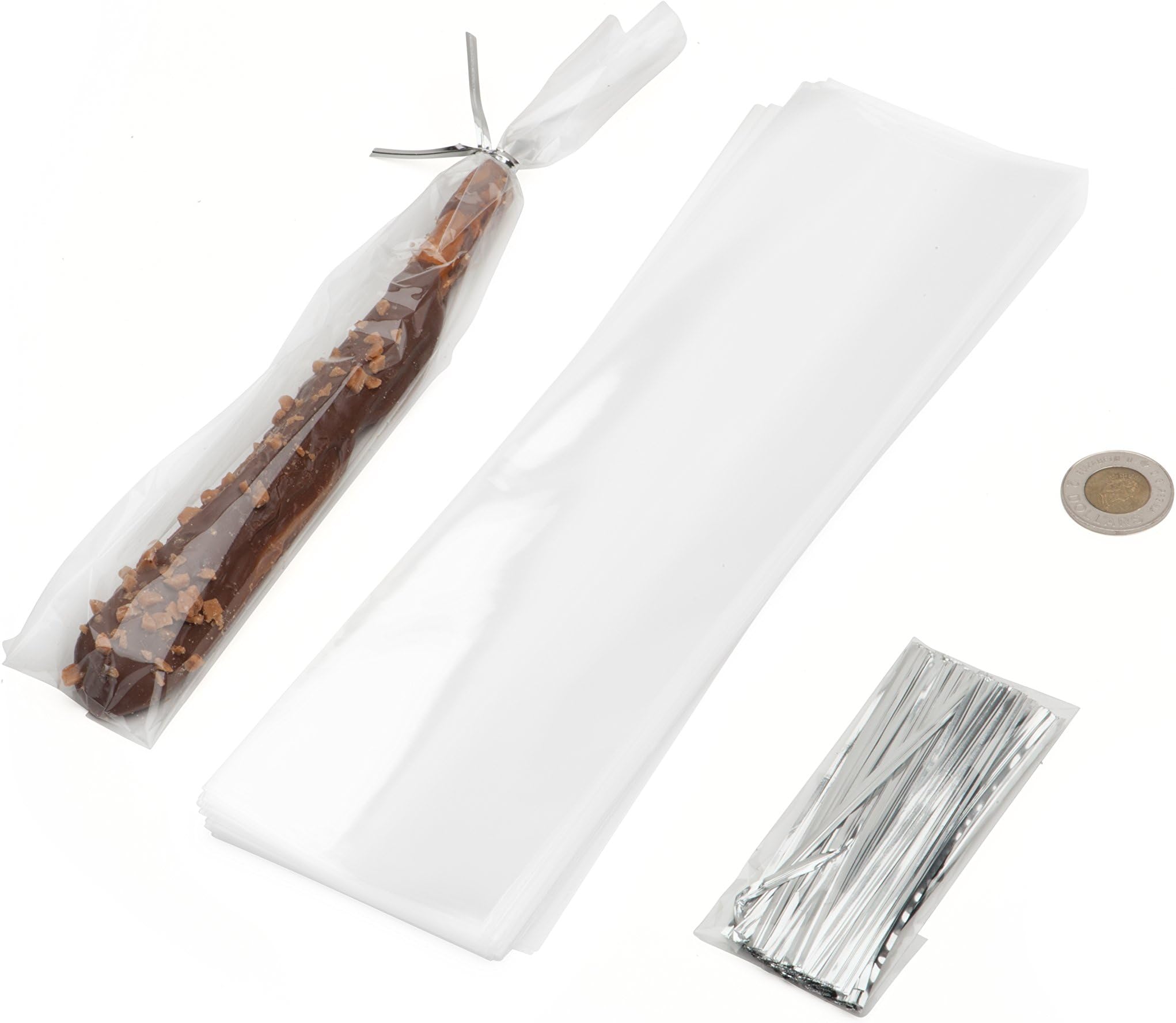 LSP - 125 Pack of 11" x 3" Clear Cellophane Treat Party Favour Bag - Cello gift Bag for Candy Pretzel Chocolate, Cake Pops, Biscotti - Complete with 125 Silver Twist Ties