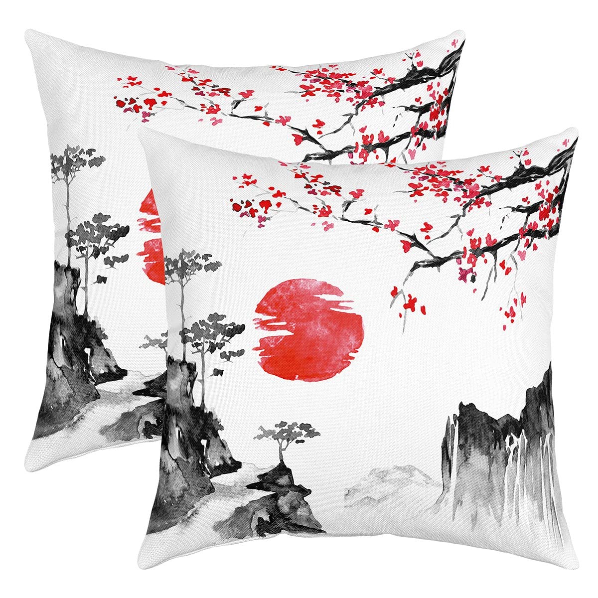 Japanese Ukiyoe Pillow Covers Cherry Blossoms Red Sun Sofa Cushion Couch Cushion Ink Japanese Style Decorative Cushion 40x40cm Exotic Style Decor Cushion Cover with Zipper for Couch Bed Sofa Garden — image 1