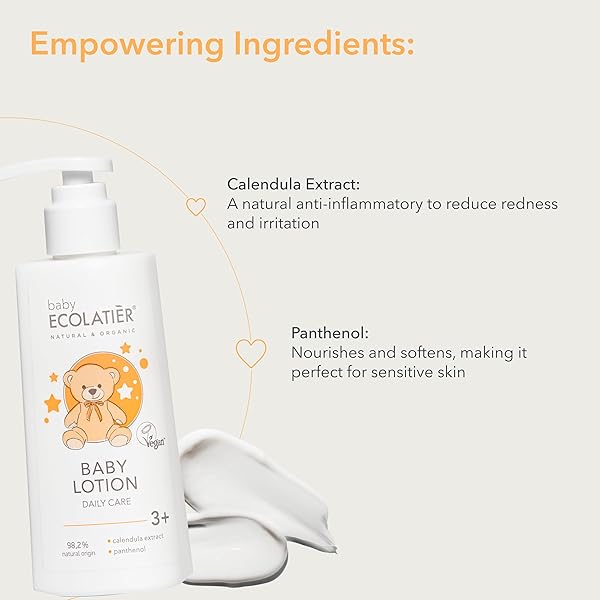 KIDS LOTION DAILY CARE 3+ WITH CALENDULA & PANTHENOL – GENTLE BABY MOISTURIZER FOR SENSITIVE SKIN, SOOTHING & HYDRATING, VEGAN, HYPOALLERGENIC, 8.5 FL OZ – ECOLATIER
