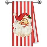 Trenstise Red Santa Claus Christmas Kitchen Towels, Christmas Santa Decor, Vintage Xmas Holiday Red and White Striped Decorative Dish Tea Hand Towels for Kitchen Bathroom, 16x24 Inch