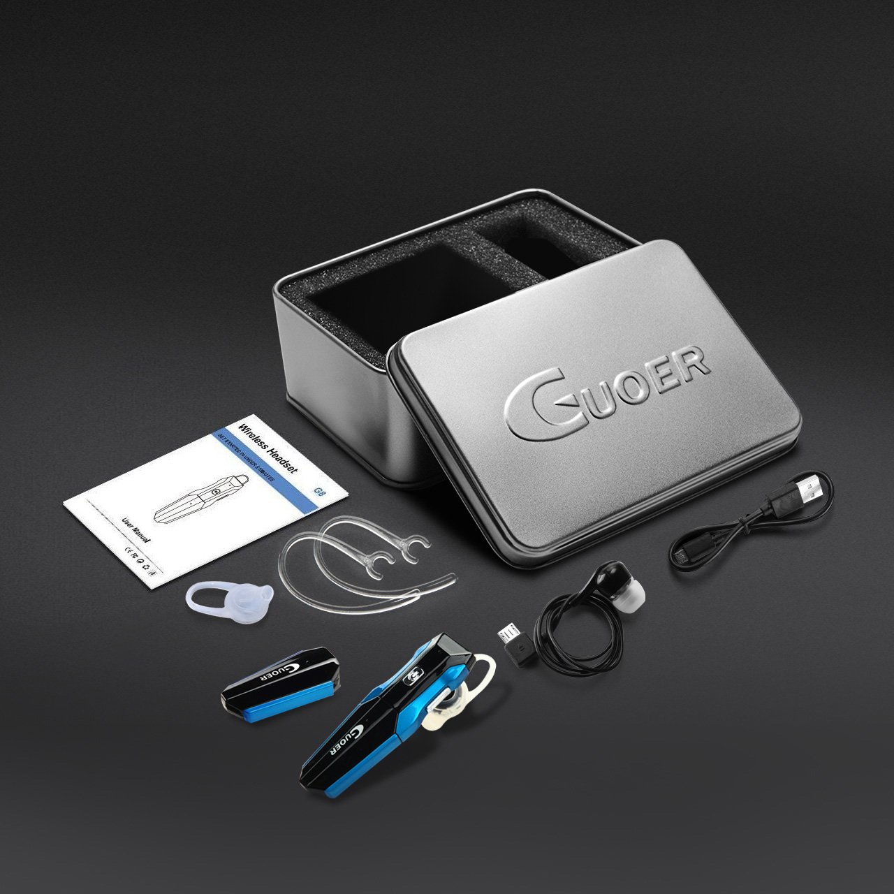 GUOER Bluetooth Headset with Backup Battery Noise Cancellation Wireless Bluetooth Earpiece With Microphone Driving Hands-free In-Ear Headphones Earbuds with an Extra Backup Battery (Black/Bule)