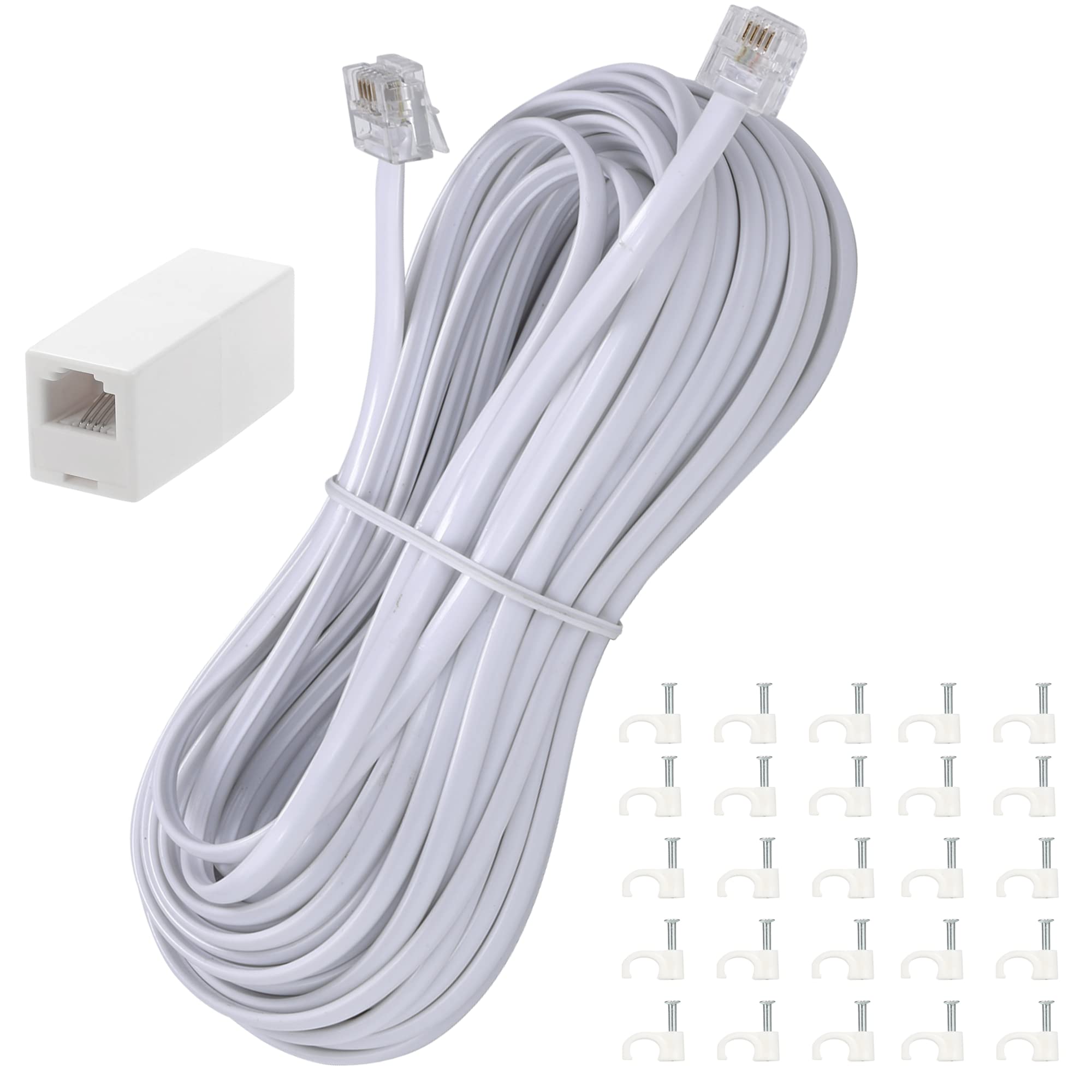 50Feet Long Telephone Extension Cord Phone Cable Line Wire, with Standard RJ11 Plug and 1 in-Line Couplers and 25 Cable Clip Holders-White