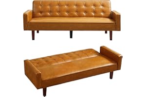 mikibama PU Futon Sofa Couch for Living Room Convertible Faux Leather Upholstered Futon Sleeper Sofa Bed Channel Tufted Bedroom Futons with Solid Wood Legs for Small Spaces