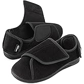 HomeTop Men's Corduroy Slippers Comfy Adjustable Hook and Loop Memory Foam Wide Indoor House Shoes for Diabetic Swollen Feet