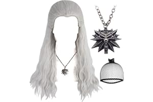 Anogol Hair Cap+( 1 Necklace ) Silver White Wigs Men Long Curly Silver White Wigs for Comic Con wigs with Necklace Costume Wig for Halloween for Party