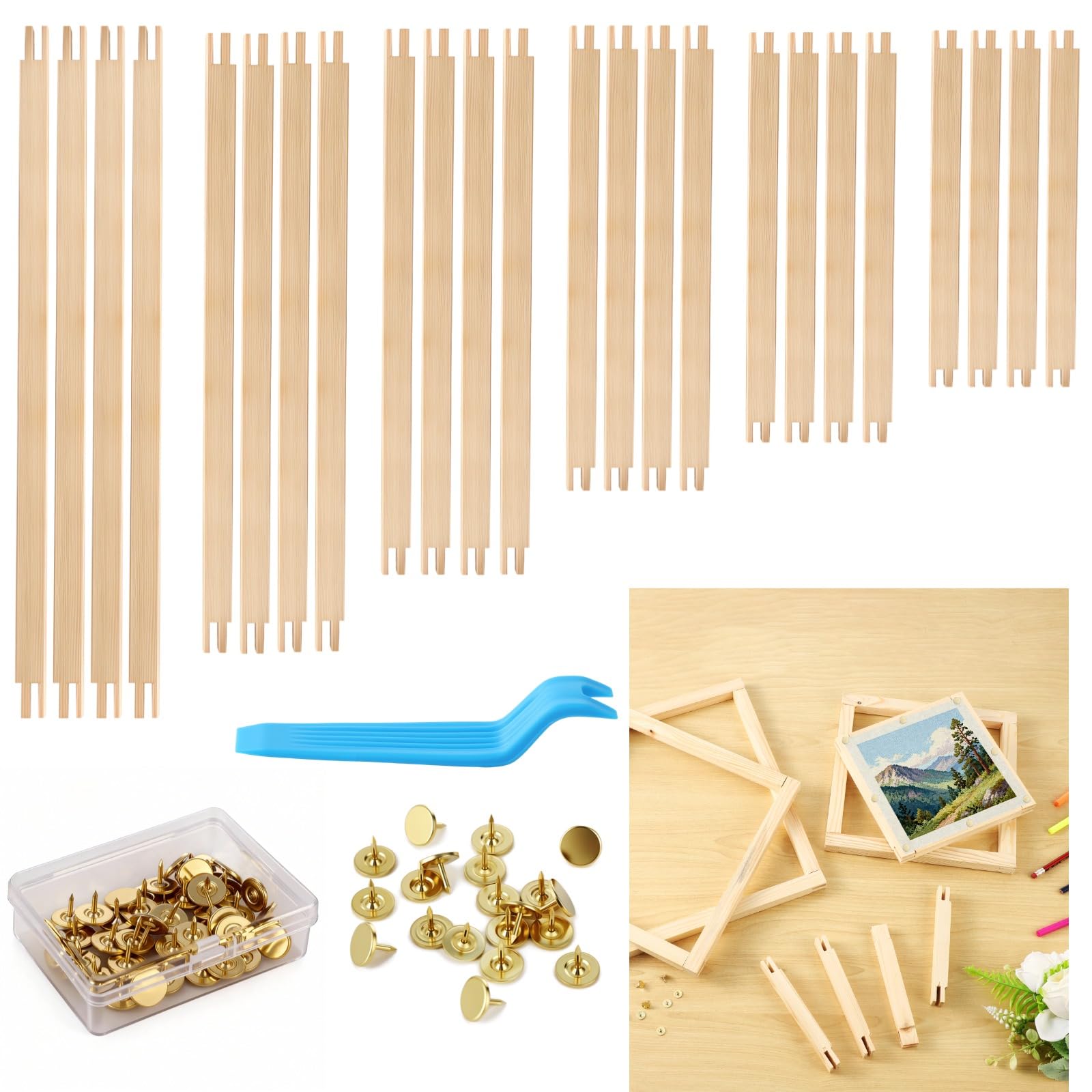 Photo 1 of 12 Sets Stretcher Bars for Needlework 6 Sizes with Thumbtacks - Storage Box & Tacks Remover, Oil Painting Frame Set with 6 Sizes, Wood Frame Strips Wooden Canvas Stretcher Bars for Embroidery Stitch