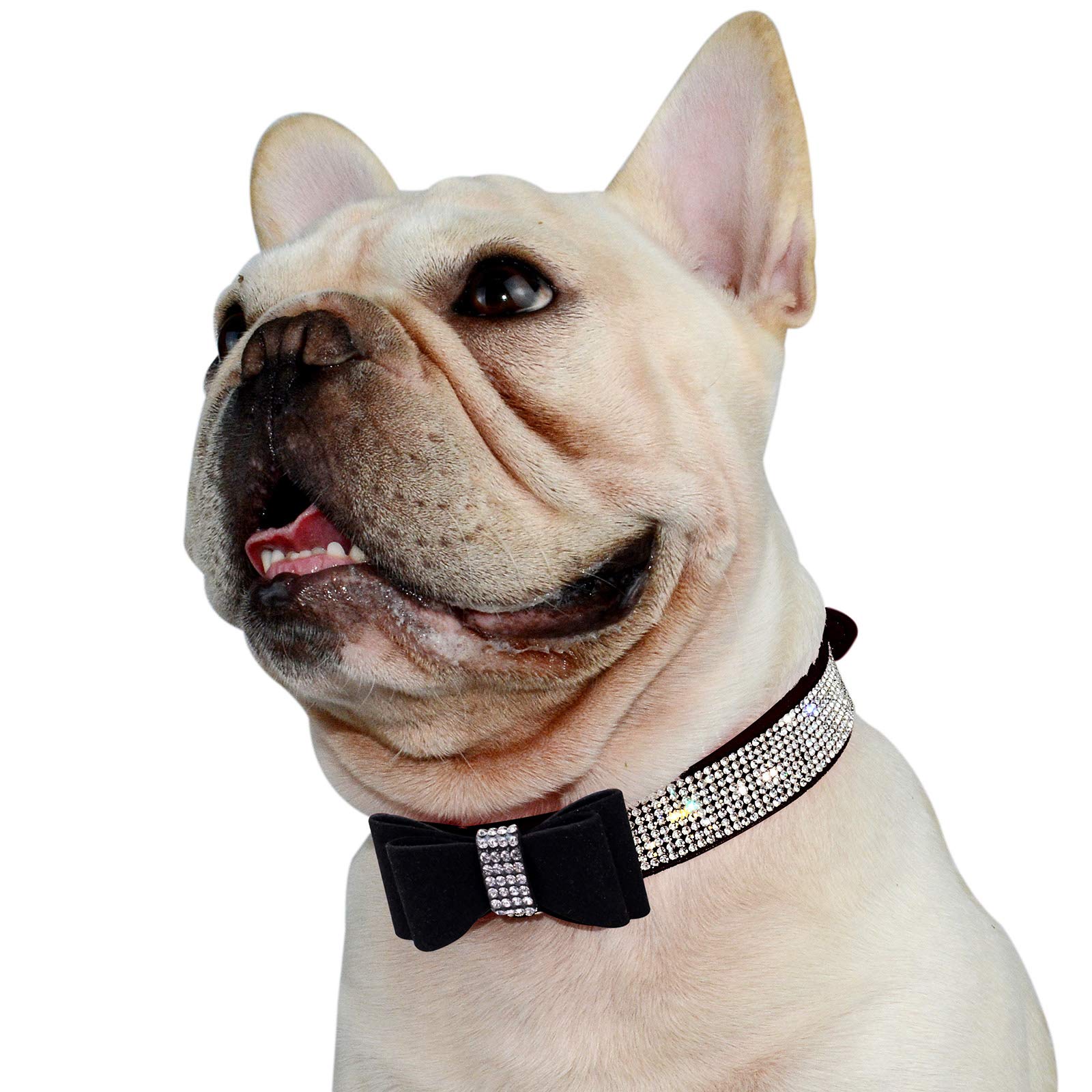 Hifrenchies Cute Crystal Rhinestones Dog Collar for Frenchie, Sparkling Diamonds Soft Suede Leather Butterfly Festival Pattern Dog Pet Collars For Small Medium Dog(XS,BLACK)