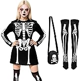 Halloween Women Skeleton Dress Long Sleeves,Sexy Halloween Skirt with Bag and Socks, Women's Scary Party Outfit