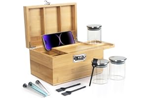 BELO VALE Premium Original Storage Box,Decorative Bamboo Box with Combination Lock,Ultimate Wooden Box Kit with Sliding-Tray, 3-Pack Glass Jars Accessories Tools for Gift.