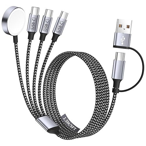 4 in 2 Charging Cable for Apple iWatch Charger with 3 Type-C Ports, Travel Essentials USB C Splitter Multi Charging Cable/Cord for iWatch Ultra/SE/10-1, iPhone17 16 15 14, Android, More -1Pack 5FT