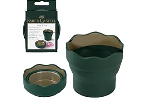 Faber-Castell Clic & Go Artist Water Cup, Dark Green - Travel-Friendly Collapsible Brush Cleaner Tool with Brush Stand, Scalloped Rim, Non-Slip Base, Portable Palette & Rinser