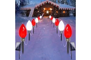 YIQU 12-Pack Jumbo C9 Red White Solar Christmas Lights, Upgraded 12LED Outdoor Christmas Decorations, Solar Powered Lights Waterproof for Outside Xmas Path Garden Yard and Patio Decoration (Red and White)
