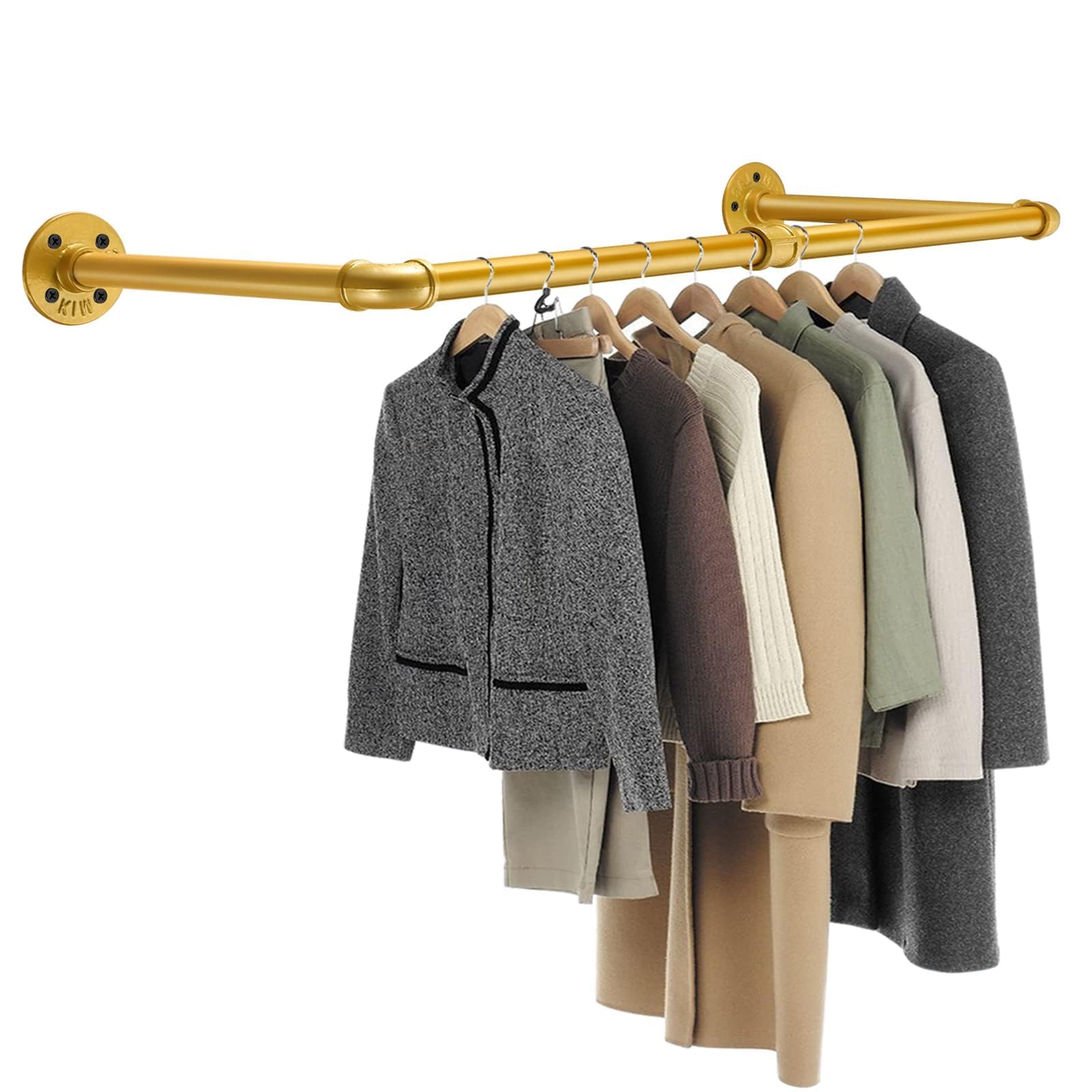 Tanice Gold Clothes Rail, Wall Mounted Clothes Rail, Industrial Pipe Clothes Rail, 75cm Heavy Duty Garment Rack for Bedroom, Living Room, Laundry Room