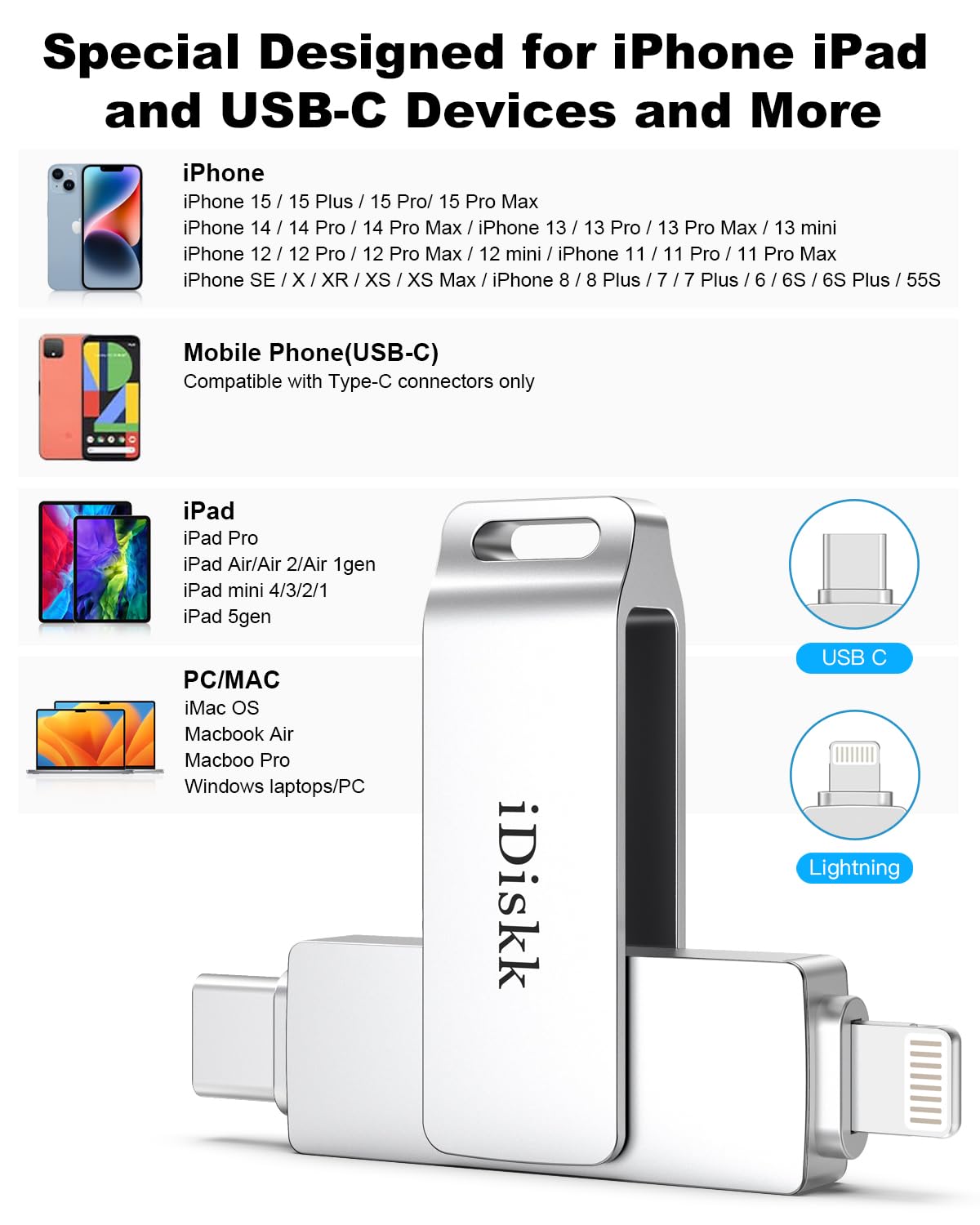 App-le Certified 1TB iPhone 15 iDiskk Photo Vault for iPhone USB Storage Photo Flash Drive Transfer Stick for iPhone Picture External Storage iPad Lightning USB C Android Photo Storage Photo Stick