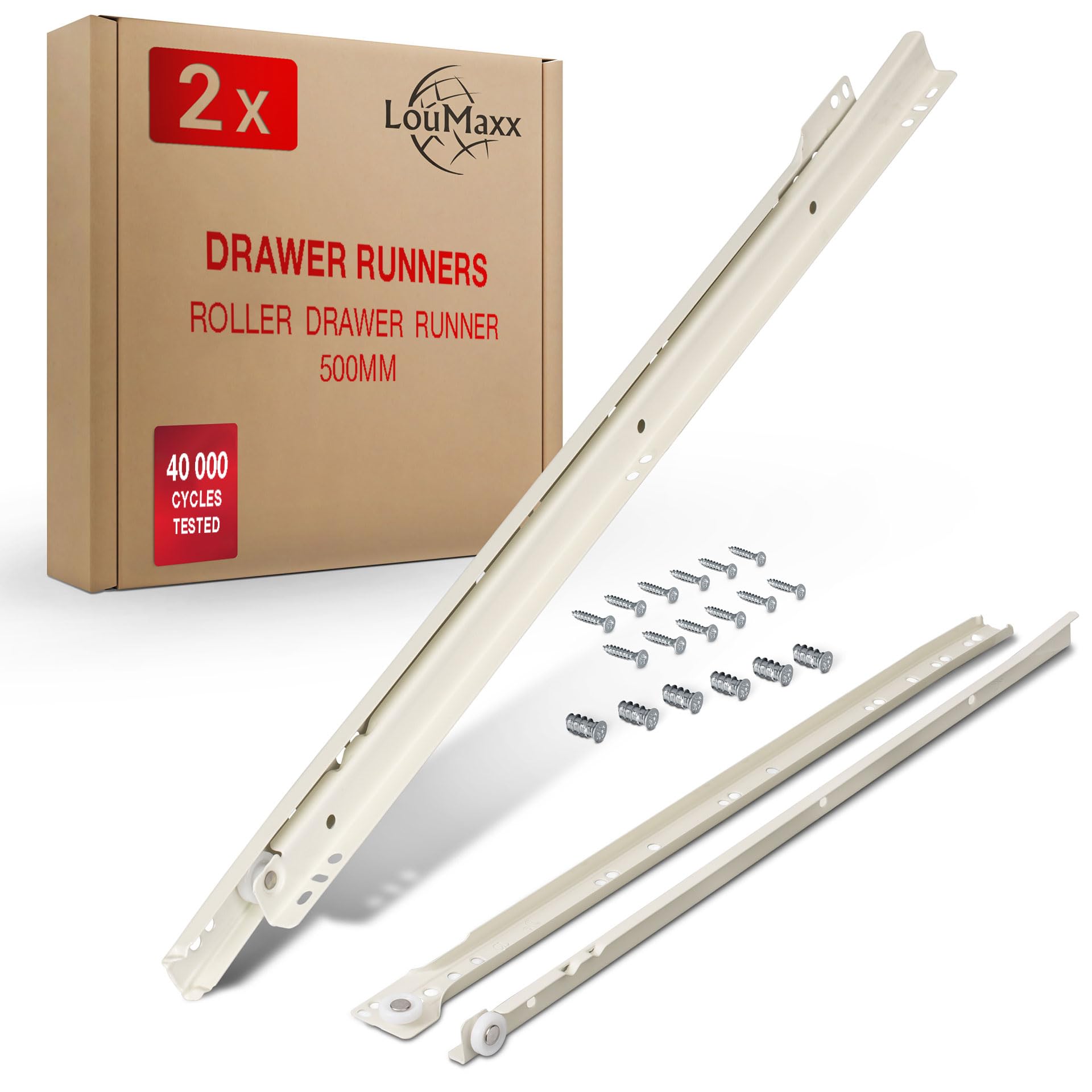 LouMaxx Roller Slide Guides 500 mm Drawer Runners, White Drawer Rail System with Partial Extension, Smooth Runners Drawer in Cream White, Set of 2 (1 Pair)