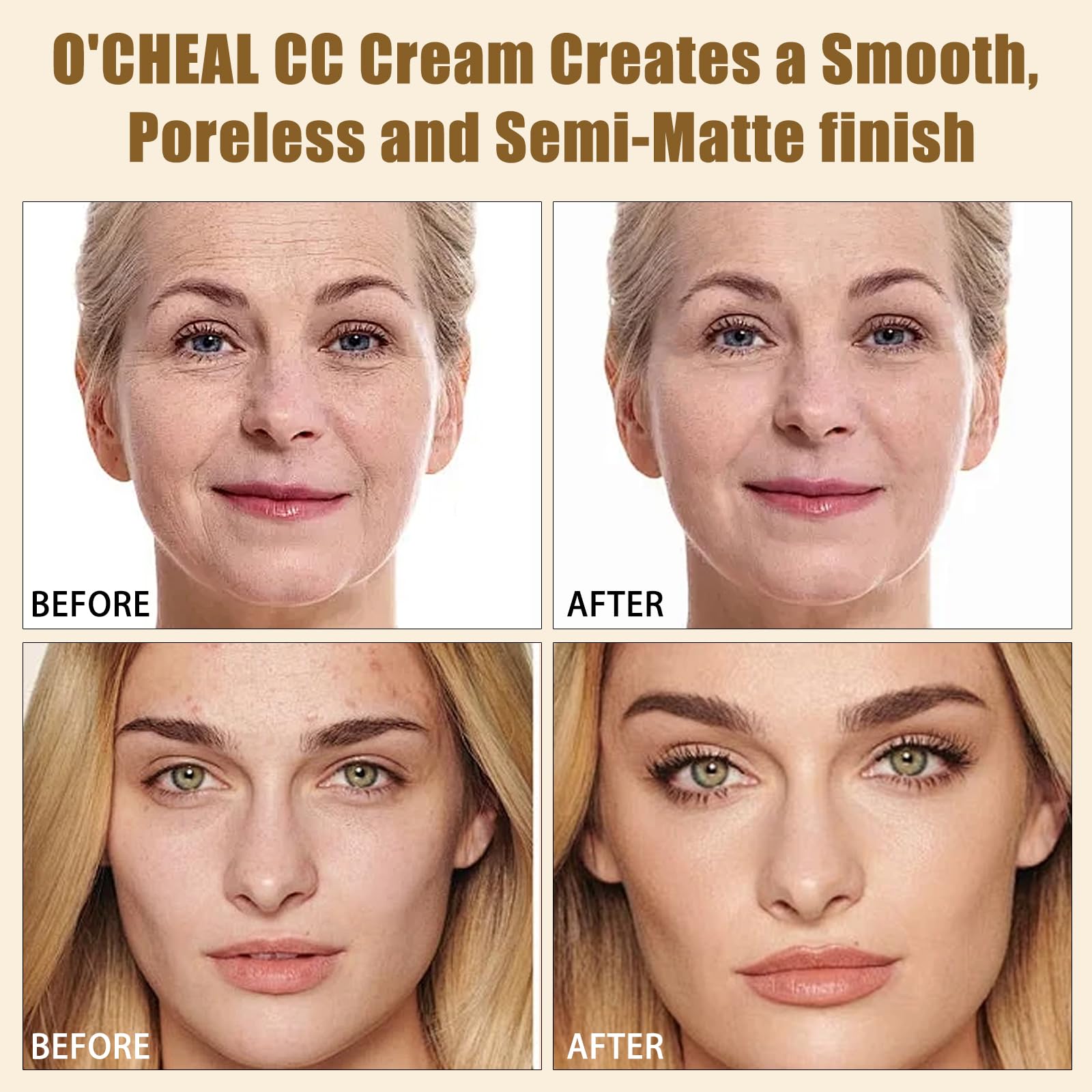 O'CHEAL CC Cream with SPF 50+, Hydrating Color Correcting Cream Full Coverage Lightweight Powder Foundation, Waterproof Long Lasting Pre-makeup Primer Facial Concealer Refine Skin Texture (Natural)