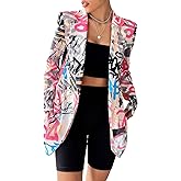 WDIRARA Women's Plus Size Lapel Collar Open Front Graffiti Graphic Button Blazer Jacket