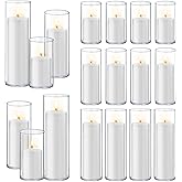 Homjoy 36 PCS White Pillar Candles with Glass Candle Holders Clear Hurricane Candle Holders Glass Cylinder Vases for Centerpieces Wedding Party, Event, Home Office (18 Candles+18 Candle Hoders)