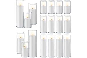 Homjoy 36 PCS White Pillar Candles with Glass Candle Holders Clear Hurricane Candle Holders Glass Cylinder Vases for Centerpieces Wedding Party, Event, Home Office (18 Candles+18 Candle Hoders)