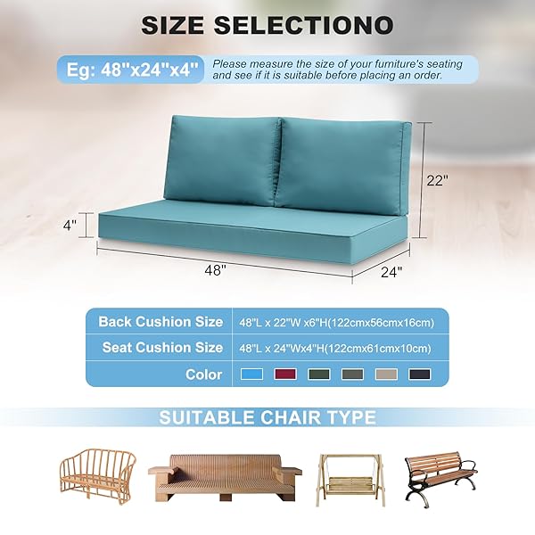 AMTARP OUTDOOR LOVESEAT CUSHIONS, 48 X 24 X 4 INCHES WATERPROOF FADE RESISTANT CUSHION SET FOR COUCH, BENCH AND SWING