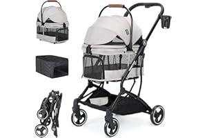 Beberoad Pets T3 3 in 1 Small Pet Stroller for Dogs & Cats, 4 Wheels for Dogs with Detachable Carrier with Pad, Canopy and Cup Holder, Grey