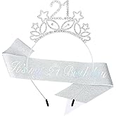 Ondder Silver 21st Birthday Sash and Tiara Shiny Crown and Sash Kit Star Headband Sparkly Rhinestone Headband Birthday Party Decorations Gifts Party Favors Supplies for Girls