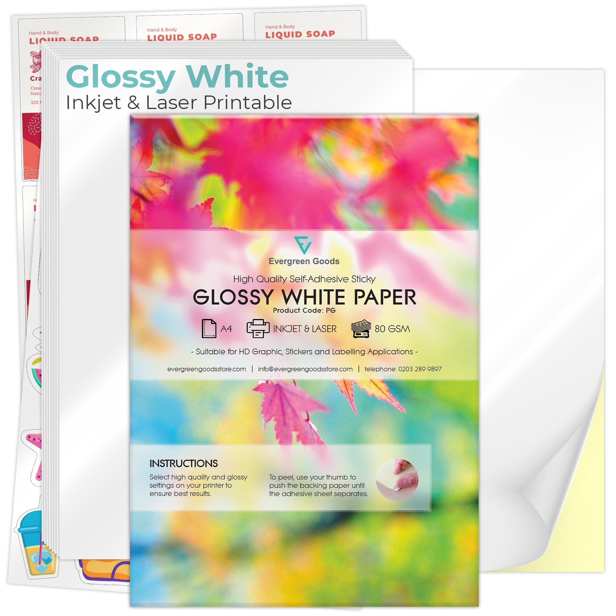 Evergreen Goods 30 Sheets A4 White Glossy Sticky Paper | Durable Sheets for Inkjet and Laser Printers | Sticky Back Paper