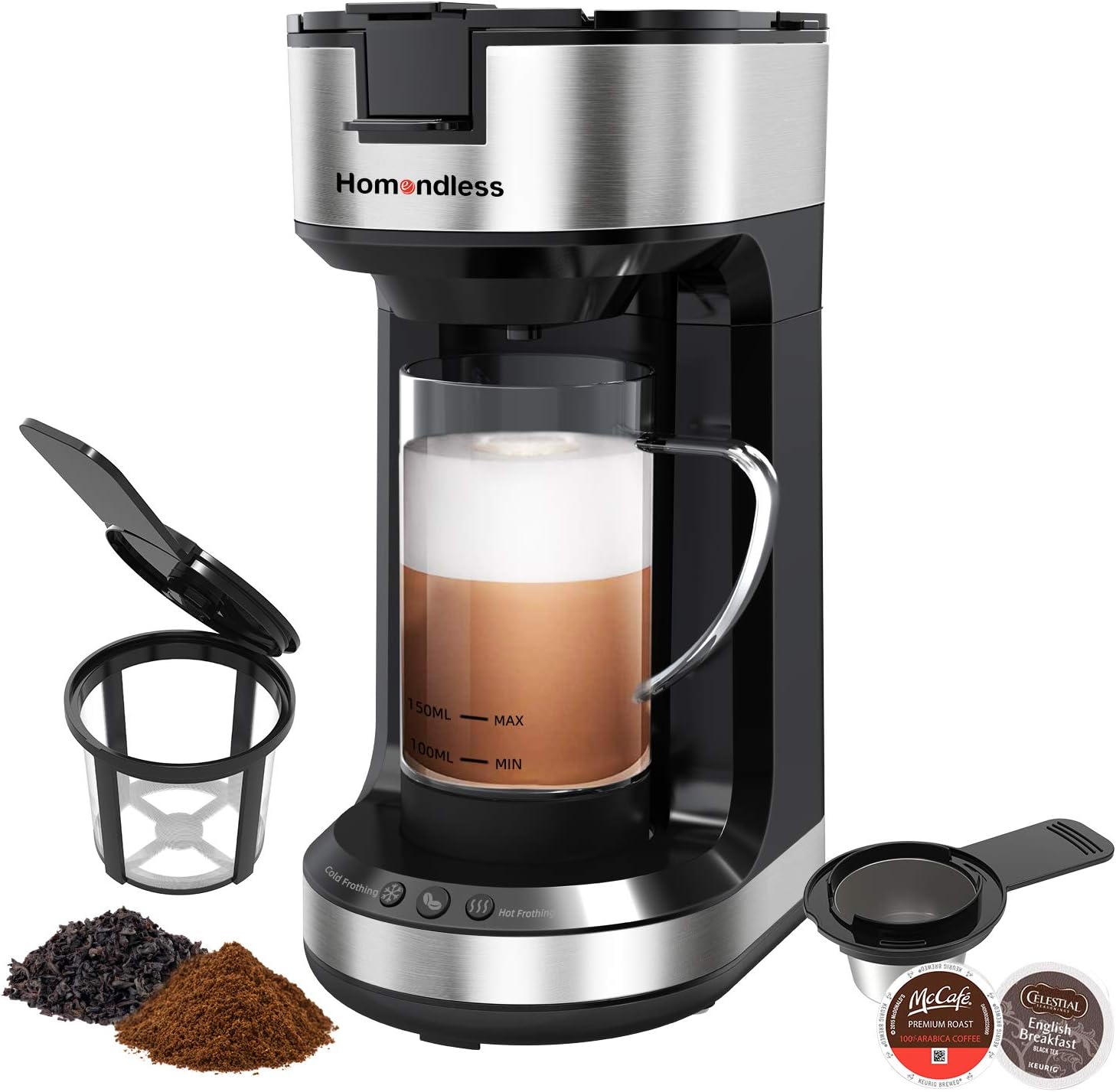 Single Serve Coffee Maker with Milk Frother, 5IN1 K Cup