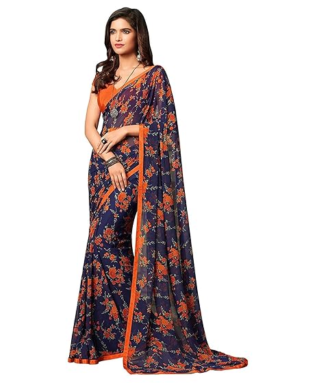 Womens Georgette Printed Saree With Satin Border And Satin Georgette Blouse Material