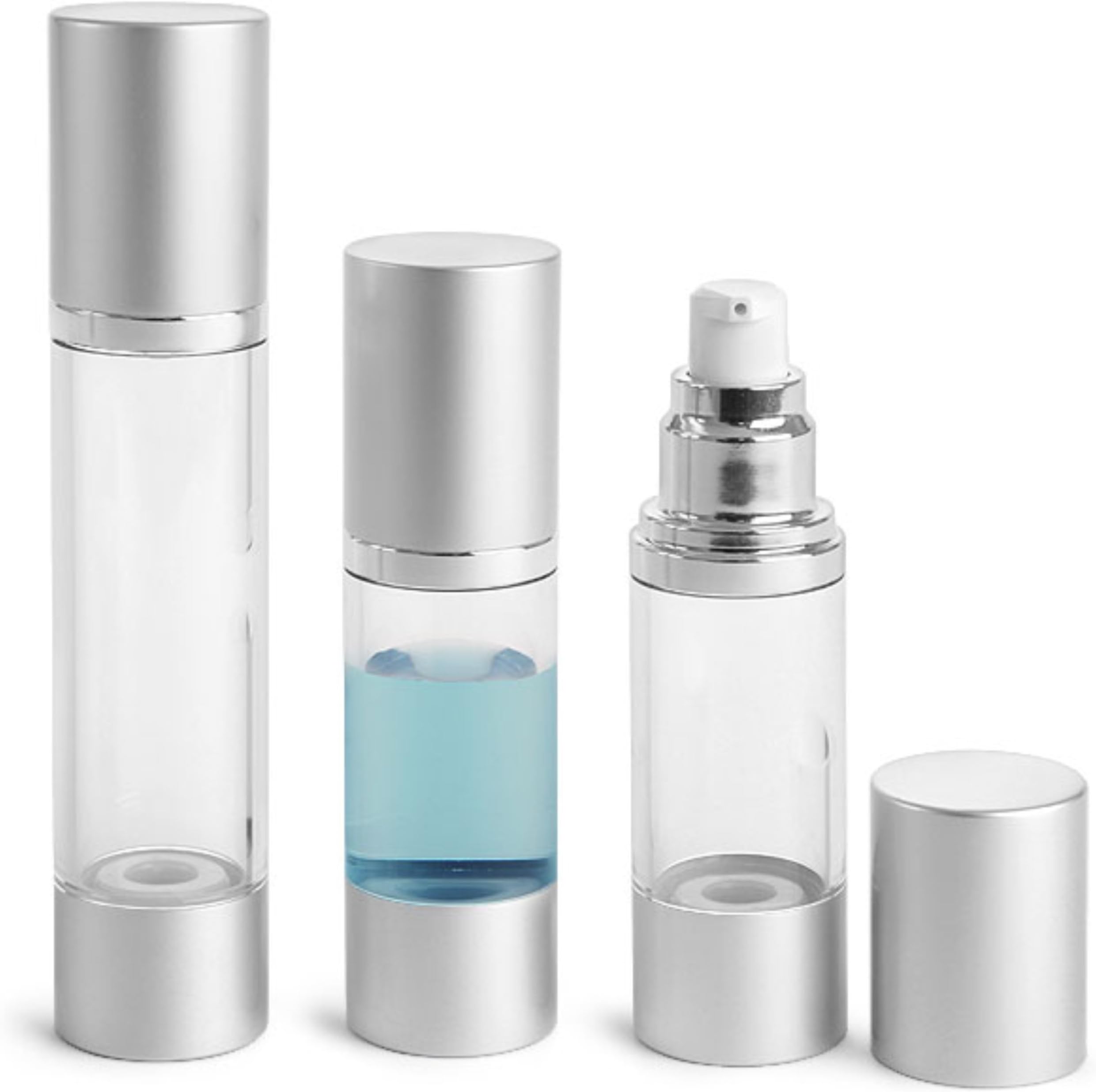 MagnaKoys Clear AS Airless Pump Bottles w/Silver Pumps & Caps Her's & His 1 oz / 1.5oz lotions and gels Dispenser (2 Pack) (1 oz & 1.5 oz Airless Pump)