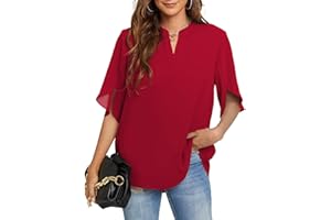 Funlingo Women's Summer Tops Short Sleeve Casual Shirts V Neck Chiffon Dressy Blouse Tops