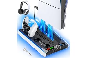 Gersker PS 5/Slim Stand for Disc & Digital Version, RGB Ambient Lighting PS5 Slim Cooling Station with Controller Charger, Built-in 3-Level Fan, 3 USB Ports (Not for PS5 Pro)