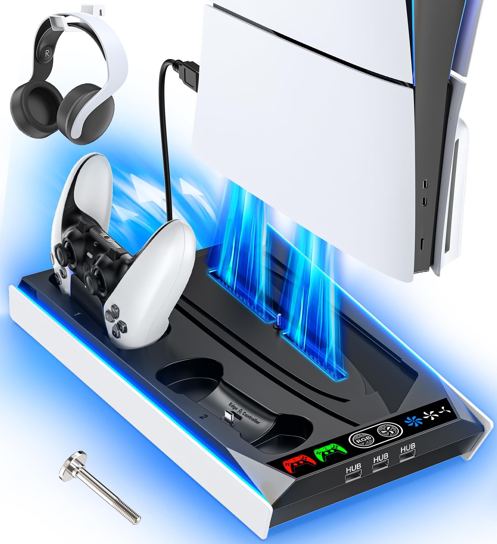 Gersker PS 5/Slim Stand for Disc & Digital Version, RGB Ambient Lighting PS5 Slim Cooling Station with Controller Charger, Built-in 3-Level Fan, 3 USB Ports (Not for PS5 Pro), Sega Genesis Consoles