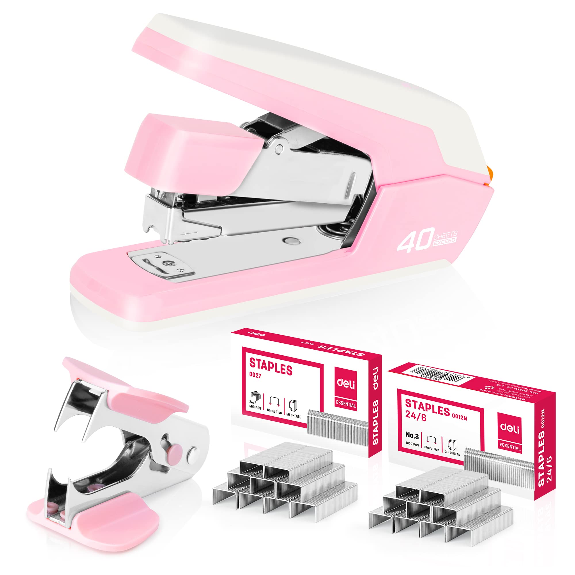 Deli Effortless Desktop Stapler, Heavy Duty Stapler, 40-50 Sheet Capacity, One Finger, No Effort, Includes 1500 Staples & Staple Remover, Pink