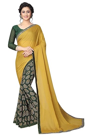Rajeshwar Fashion With Rf Womens Half &Half Georgette Printed Saree Lace Work With Blouse Piece (A29 YELLOW_Free Size)
