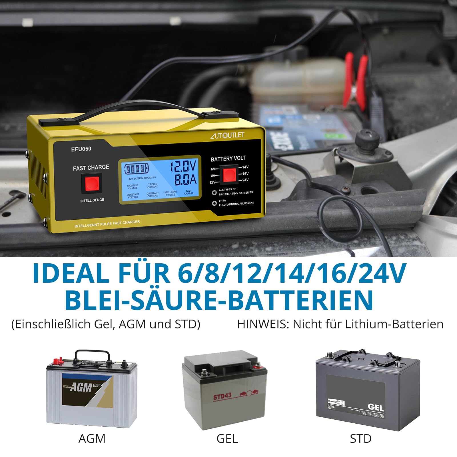 AUTOUTLET Ladegerät Autobatterie, 6/8/12/14/24V Smart vollautomatische KFZ Batterieladegerät Erhaltungsladegerät mit LCD Bildschirm, 0-14A Batterie Ladegerät für Auto Motorrad Rasenmäher Boot(Gelb) 5