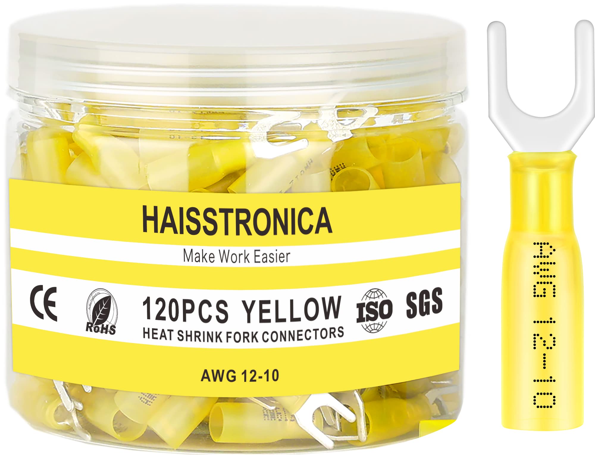 Photo 1 of Haisstronica 120PCS Heat Shrink Fork Spade Connectors #10 Waterproof Marine Grade Fork Terminal Connectors U-Type Yellow 12-10 Gauge