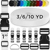 TECEUM Buckles & Strap Kit – 1" White Nylon Webbing 6 (yd) – 6 Heavy Duty Adjustable Plastic Buckles – 12 Tri-Glide Slide Clips – 6 Metal D-Ring – Ideal Straps for Arts Crafts Outdoors Indoors DIY