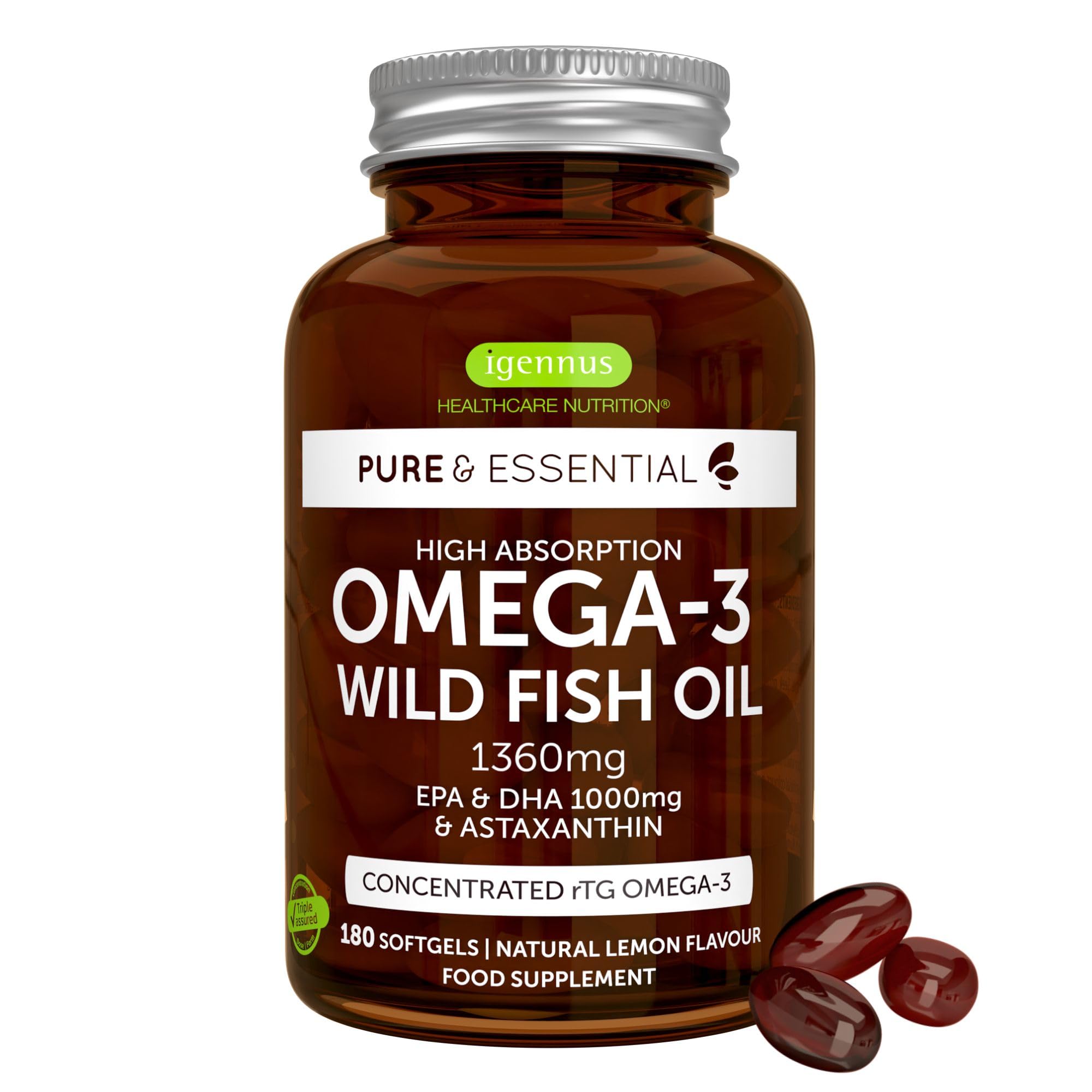 Igennus Omega-3 Wild Fish Oil & Astaxanthin, Highest Grade Triglyceride rTG, 180 Softgels, IFOS Certified Ultra Pure, Omega-3 EPA & DHA Fatty Acids 1360mg, Tested Safe for Mercury, PCBs and Dioxins