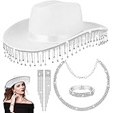 ZUNKNOD White Rhinestone Cowboy Hat with Fringes for Women Cowgirl Hat with Heart-Shaped Sunglasses Bedazzled Glitter