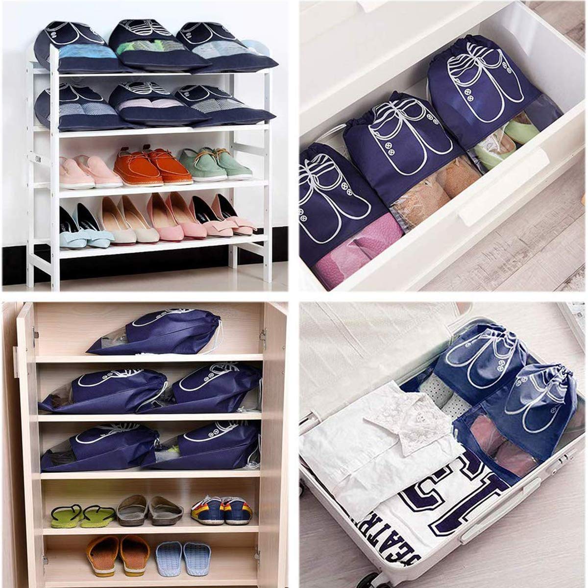 10 Packs Portable Travel Shoe Organizer, AIRERA Large Storage Bag for Men Shoes Dust-proof Breathable Transparent Window for Boots, High Heel Drawstring, Space Saving Storage Bags (45*32CM, Navy Blue)