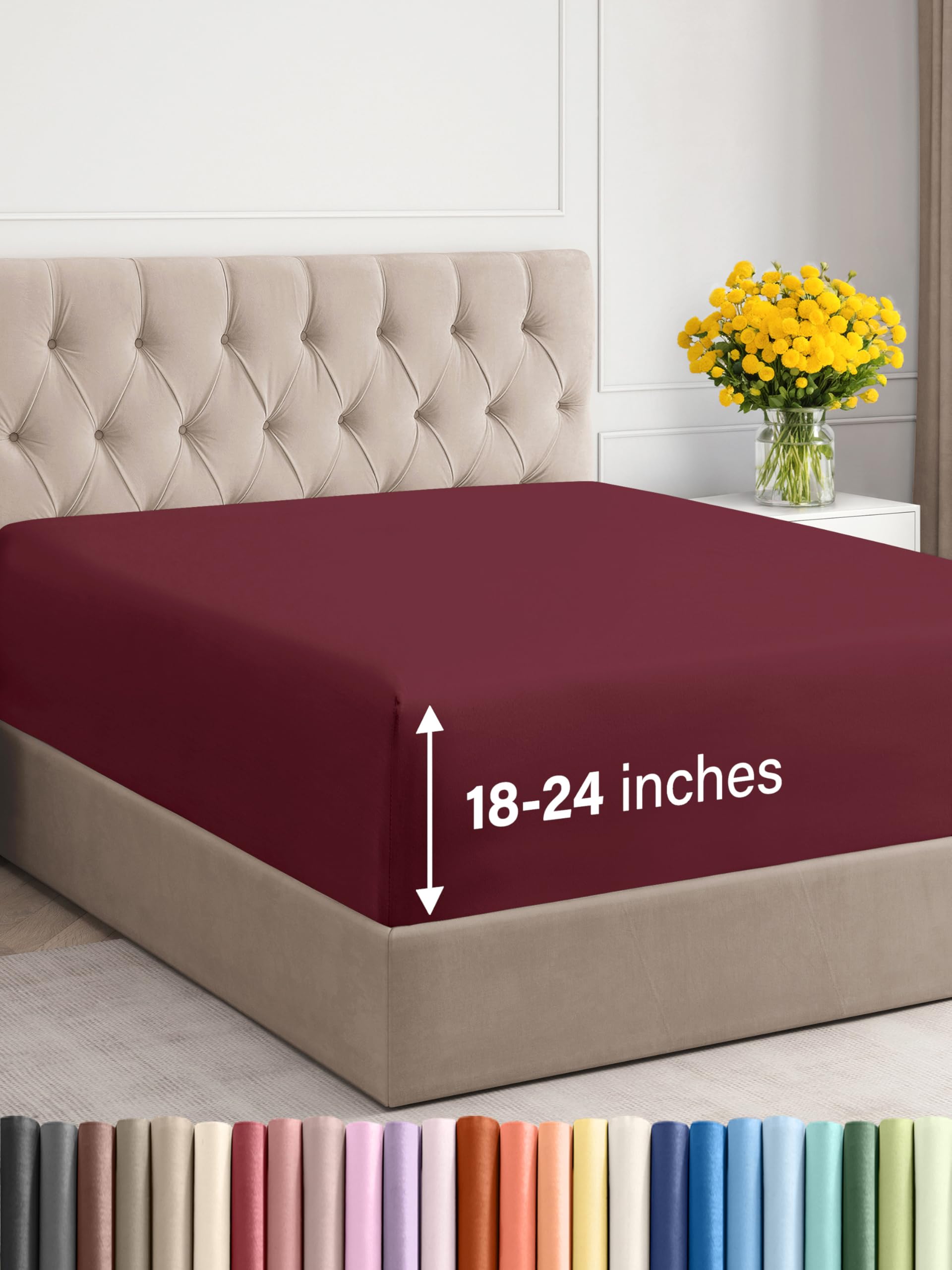 Photo 1 of Extra Deep Twin XL Fitted Sheet - Hotel Luxury Single Fitted Sheet Only - Easily Fits 18 inch to 24 inch Mattress - Ultra Soft, Wrinkle & Fade Free w/Extra Deep Pocket - Breathable & Comfy - Burgundy