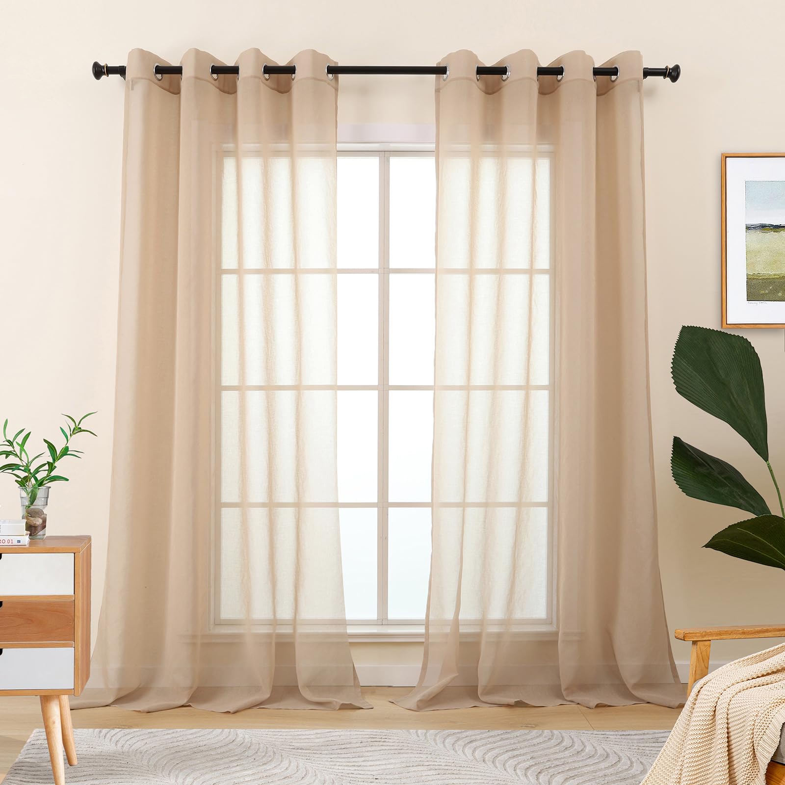 L.Z.E Sheer Curtains for Windows, Beige Curtains & Drapes for Living Room Bedroom Nursery, 57-58 Inch Drop & Short Eyelet Sheer Curtains, 2 Panels Set Light Linen Look