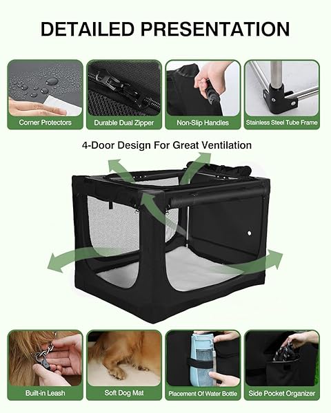 VERASTE 42″ L X 31″ W X 31″ H COLLAPSIBLE TRAVEL DOG CRATE, QUICK-SETUP PORTABLE SOFT DOG KENNEL FOR LARGE DOGS UP TO 90 LBS, 4-DOOR FOLDABLE TRAVEL CRATE WITH STORAGE BAG, BLACK