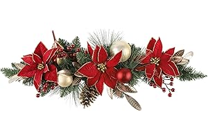 SHACOS Poinsettia Christmas Swag for Front Door 30" Red Green Christmas Door Swag Faux Pine Cone Red Berry Balls Golden Leaves Pine Swag for Window Stair Wall Mantel Holiday Home Decor Indoor Outdoor