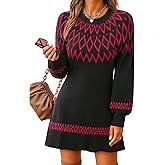 Youtalia Womens Knit Sweater Dress Fair Isle Lantern Sleeve Casual Crewneck Ribbed Pullover Sweaters Fall Winter Mini Dresses