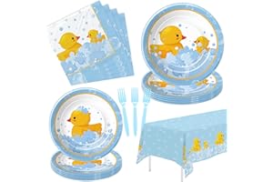 APOWBLS Rubber Duck Decorations Tableware - Duck Party Supplies For Baby Shower Birthday, Paper Plate, Napkin, Tablecloth, Fork, Bubble Bath Rubber Duck Party Decorations Dinnerware | Serve 24