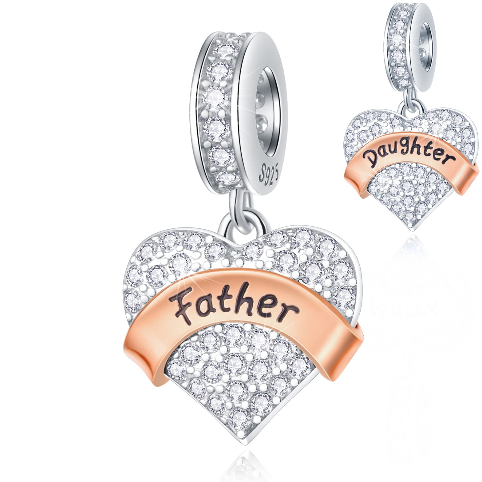 Father and Daughter Heart Pendant Charms, fits Pandora Men Bracelet, 925 Sterling Silver Daddy Dangle Clear Sparkle CZ Rose Gold Banner Beads, Gift for Dad in Law/Grandpa