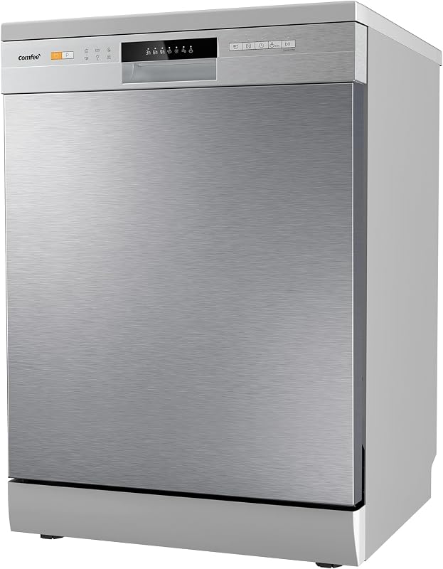 COMFEE' CDWPF1201PS Máquina de lavar louça de instalação gratuita, 60 cm, 12 configurações de lugar, início atrasado, função de meia carga, cestas flexíveis, aço inoxidável, 49 dB, controle de botão