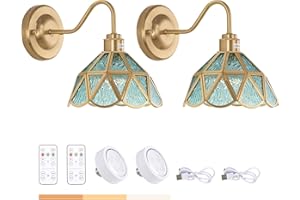 Shenmoyl Vintage Battery Operated Wall Sconce Set of 2 with Remote, Rechargeable Wall Lamp 3 Colors Dimmable, Brass Lights Fixture for Bedroom Living Room Hallway Blue Stone Triangle Checker